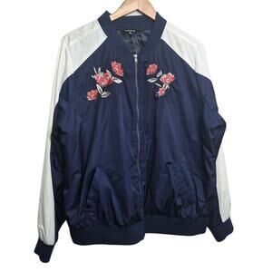 Torrid Womens Blue Floral Embroidered Satin Zip Bomber Jacket Size 2X Retro